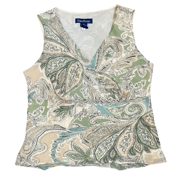 Vintage Tops - Vtg‎ Evan Picone Paisley Sleeveless Blouse 12 Green Babydoll Y2K Fairy Grunge